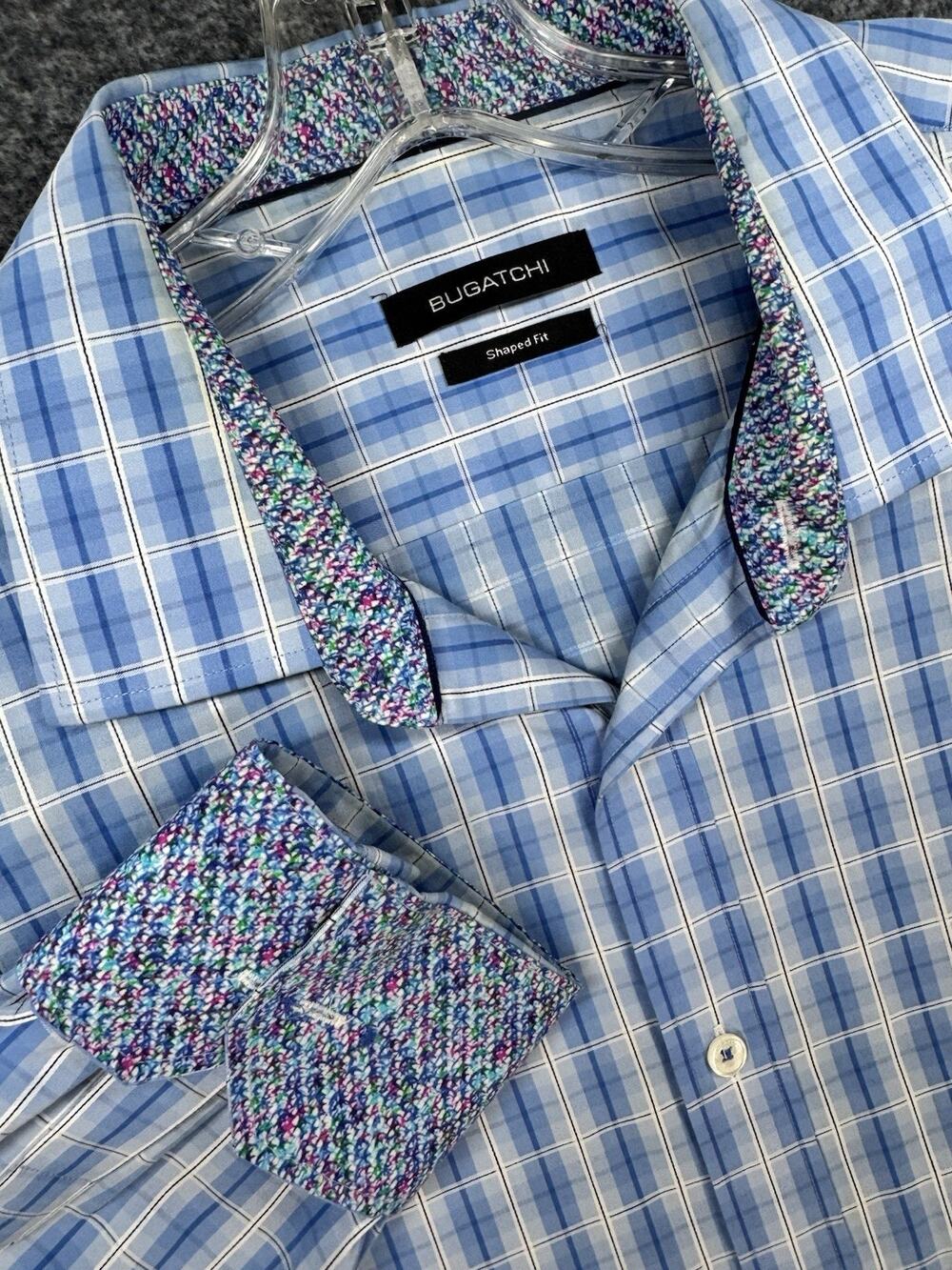 Bugatchi Mens XL Blue Plaid Mermaid Scale Collar Cuff Shaped Fit Long Sleeve